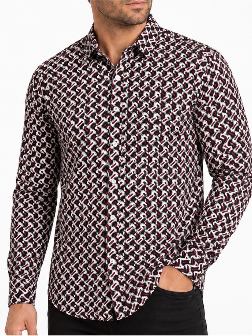 Platini Men's Geometric Print Button-Up Shirt in Red/black/gold breathable SZ LG